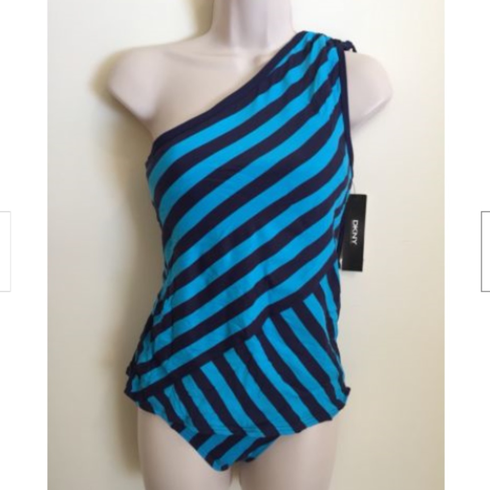 DKNY Womens Tankini Swimsuit Blue And Black Stripe - Picture 1 of 4